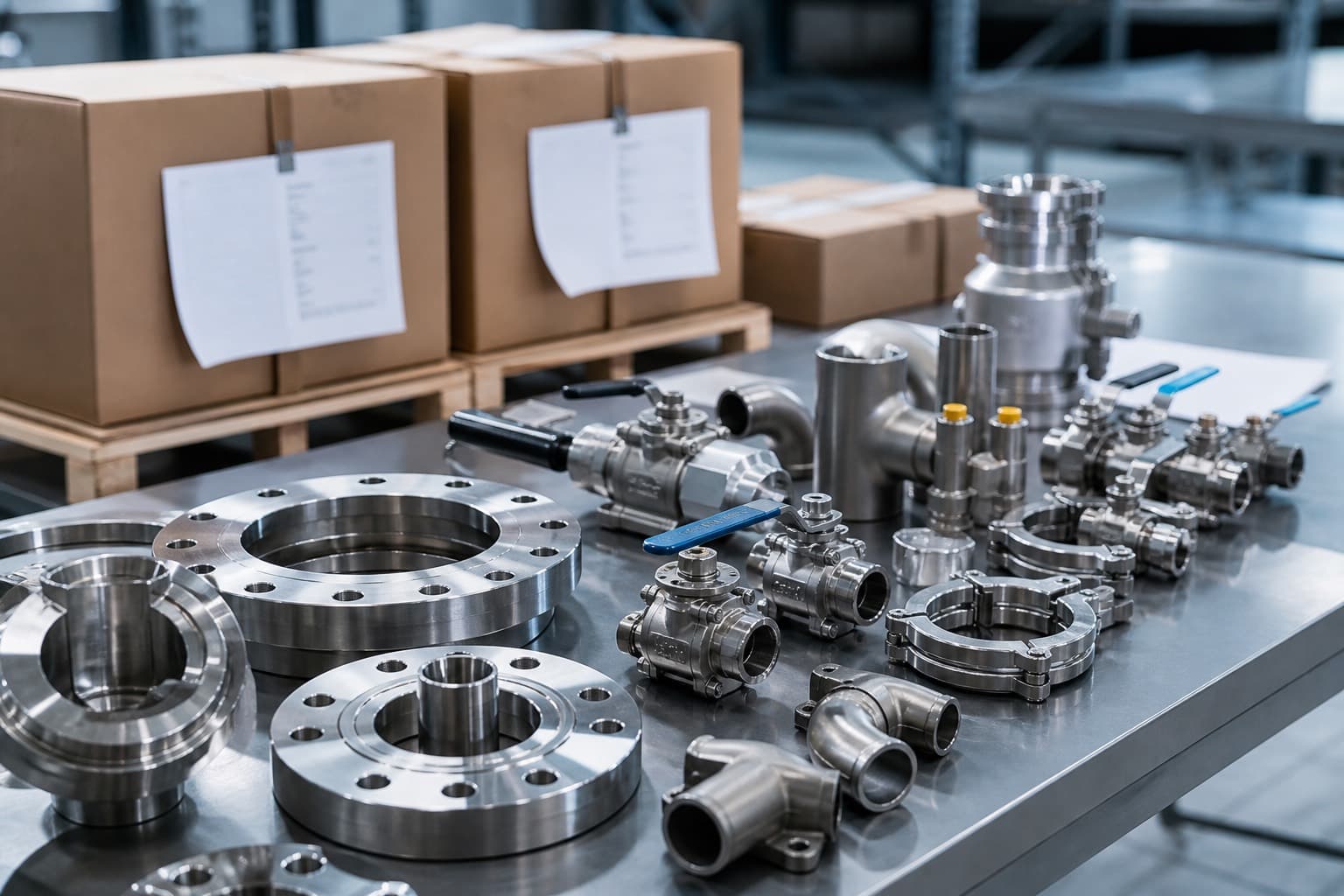 Sourced industrial valves, flanges and fittings staged for inspection