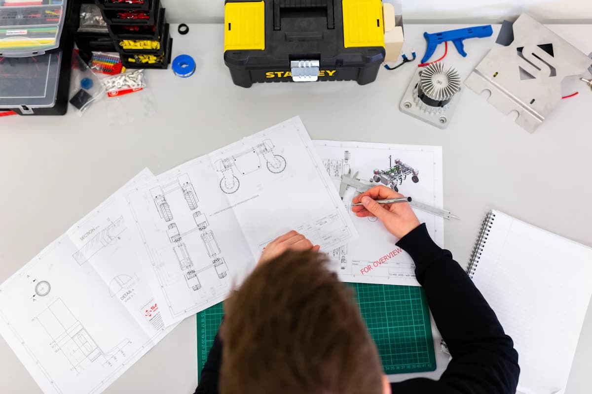 Engineer reviewing precision component drawings